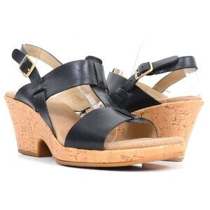 Clarks Giselle Women's 8 Black Leather Cork Wedge Sandal Open Toe Comfort Shoes